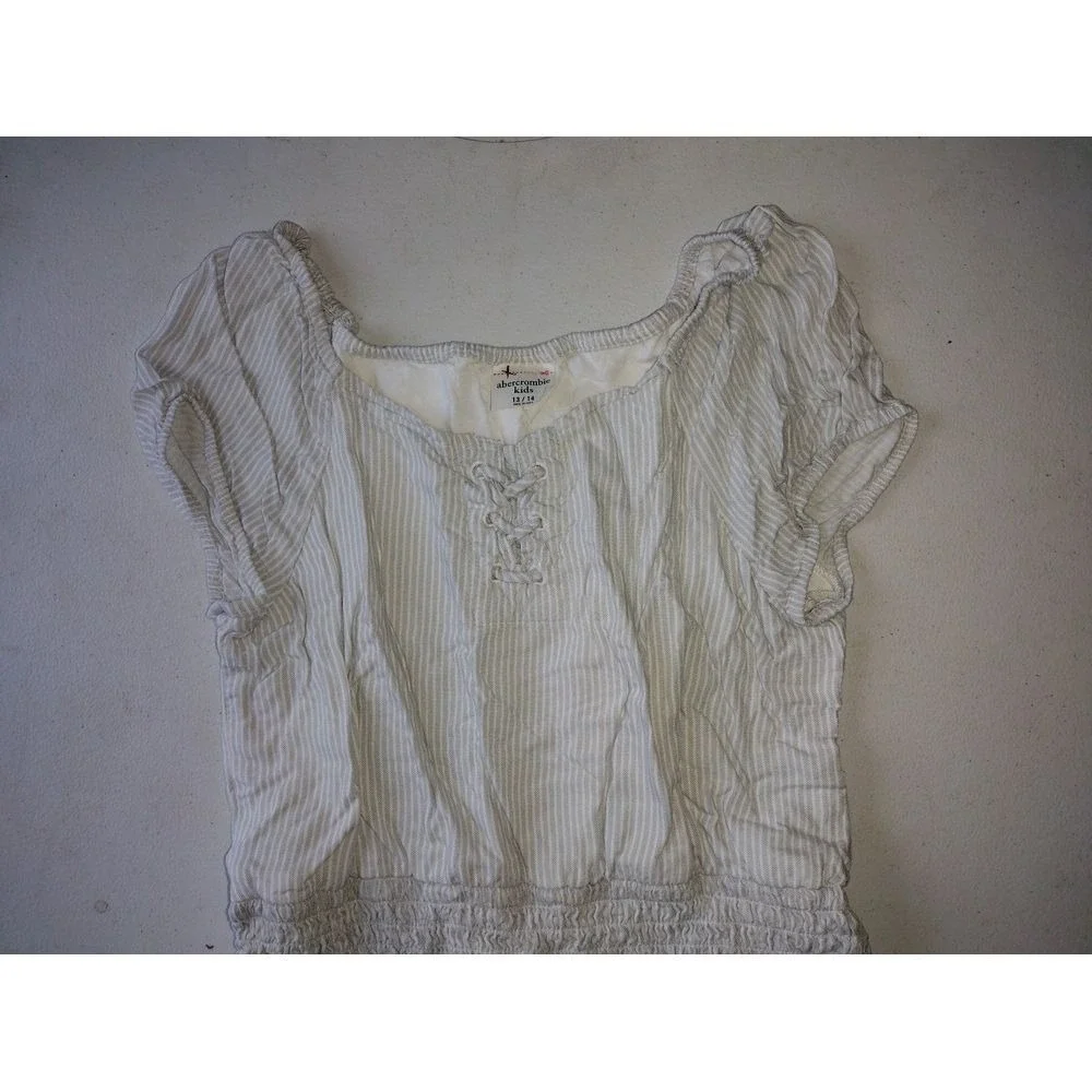 Abercrombie Kids Girls Tan White Striped Lace Up Smocked Waist Romper Size 13/14